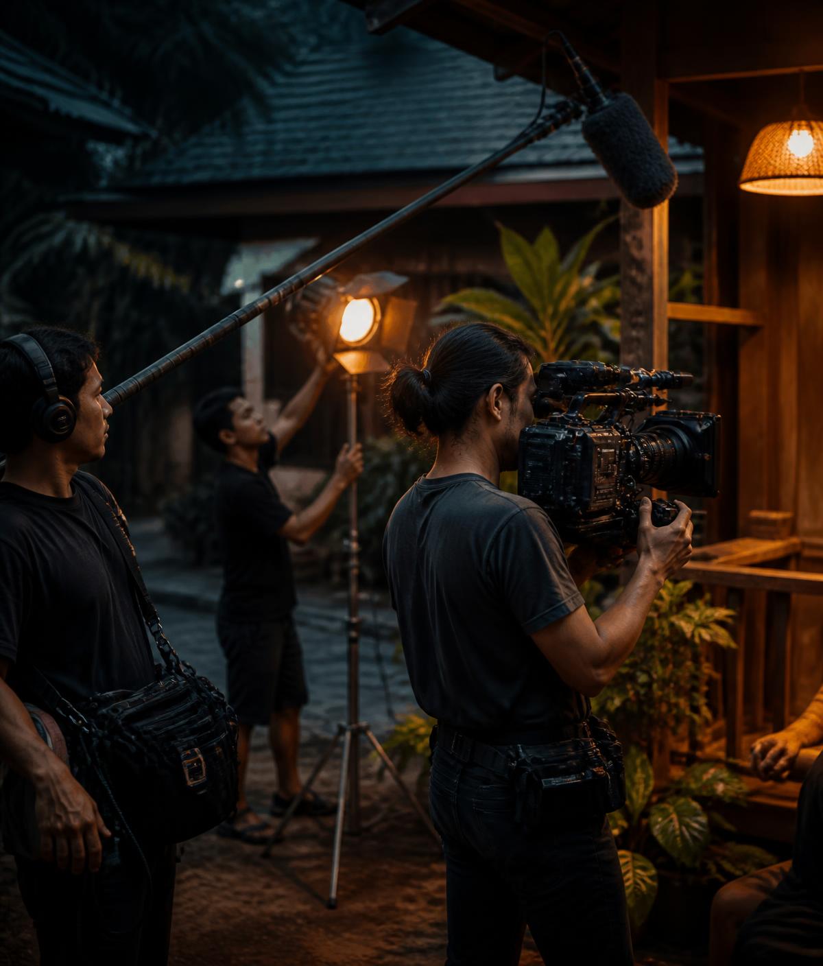 Camera operator, sound recordist and lighting assistant working together on a location shoot in Thailand