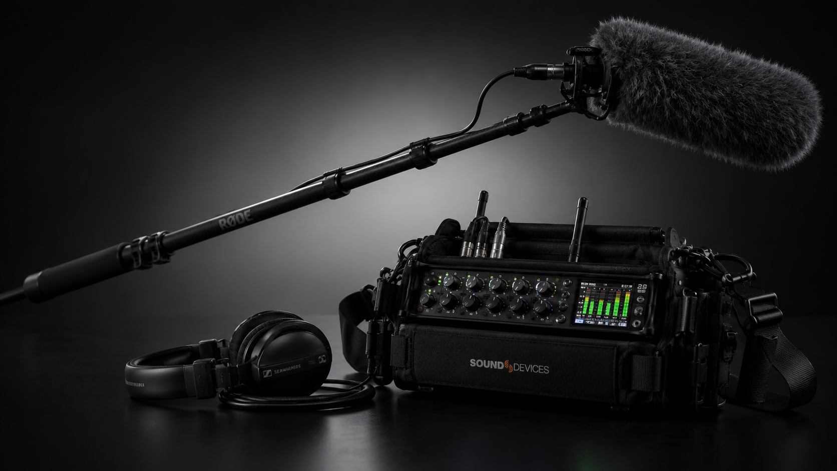 Professional sound recording kit with Sound Devices recorder, RØDE boom microphone and Sennheiser headphones.